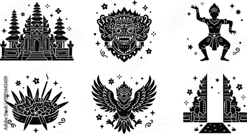 Black and white balinese temple mask dancer garuda and gates silhouette vector art