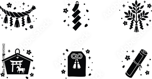 Black and white shimenawa rope kagome knot charm ema and scroll vector art set