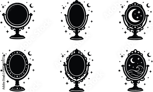 Black and white magical vanity mirror icons with stars and crescent moons