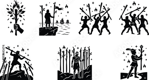 Black silhouette warriors fighting with fiery staffs and a torch bearer in forest vector art