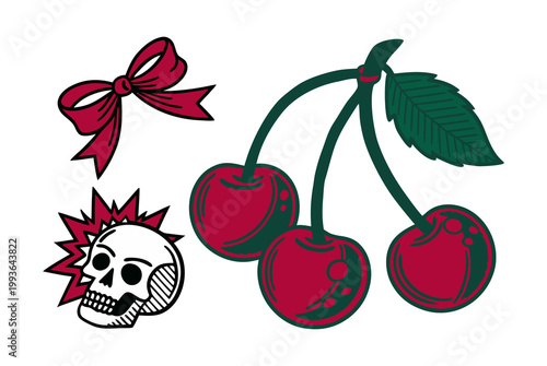 Cherry Cluster with Spiky Punk Skull and Ribbon Bow - Edgy Red Fruit Illustration