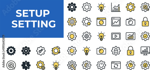 Collection featuring 25 customizable icons for setup, settings, and configuration with editable strokes and designs.