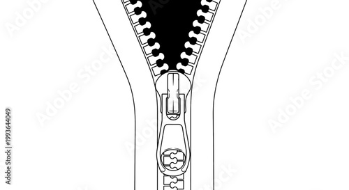 Vector illustration of a zipper slider and teeth, open fastener mechanism, clothing accessory design element