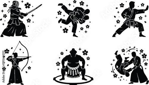 Black and white silhouette vector art of martial arts disciplines including kendo sumo judo archery and karate