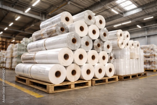 Massive white plastic film rolls stacked on wooden pallets in large industrial warehouse bay.
