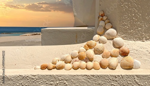 Seashells Displayed on a Coastal Wall with Beautiful Sunset View