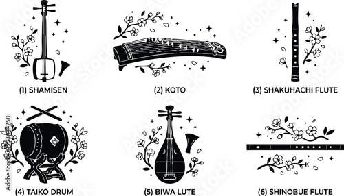 Traditional japanese musical instruments with floral accents