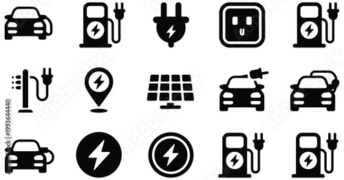 comprehensive collection of electric vehicle icons with sustainable energy elements, eco friendly transportation concept, modern vector illustration for green technology, mobility solutions