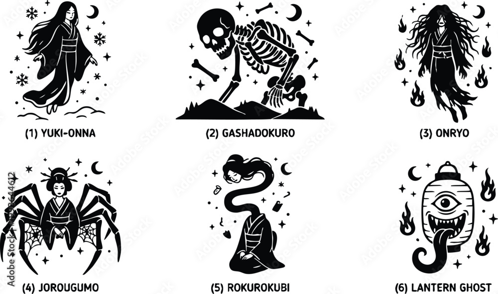 Fototapeta premium Black and white japanese yokai spirits including yuki onna gashadokuro and onryo vector art