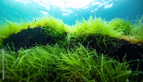 Vibrant Green Underwater Vegetation in Clear Ocean Water Landscape