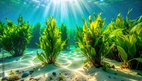Underwater View of Lush Seaweed in Crystal Clear Ocean Water