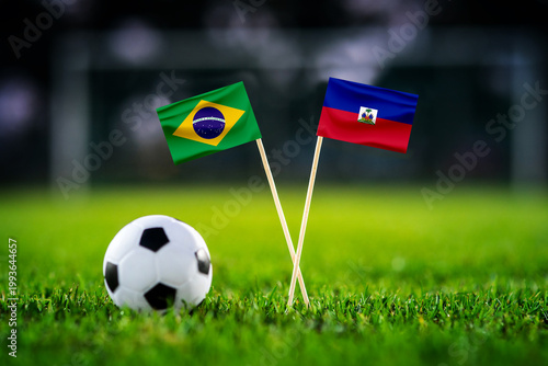 Brazil vs Haiti, national flags before world championship Group C group stage match, football on green pitch with goal in the background, Philadelphia, USA, June 19, 2026