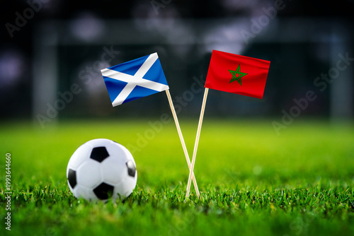 Scotland vs Morocco, national flags before world championship Group C group stage match, football on green pitch with goal in the background, Foxborough, USA, June 19, 2026