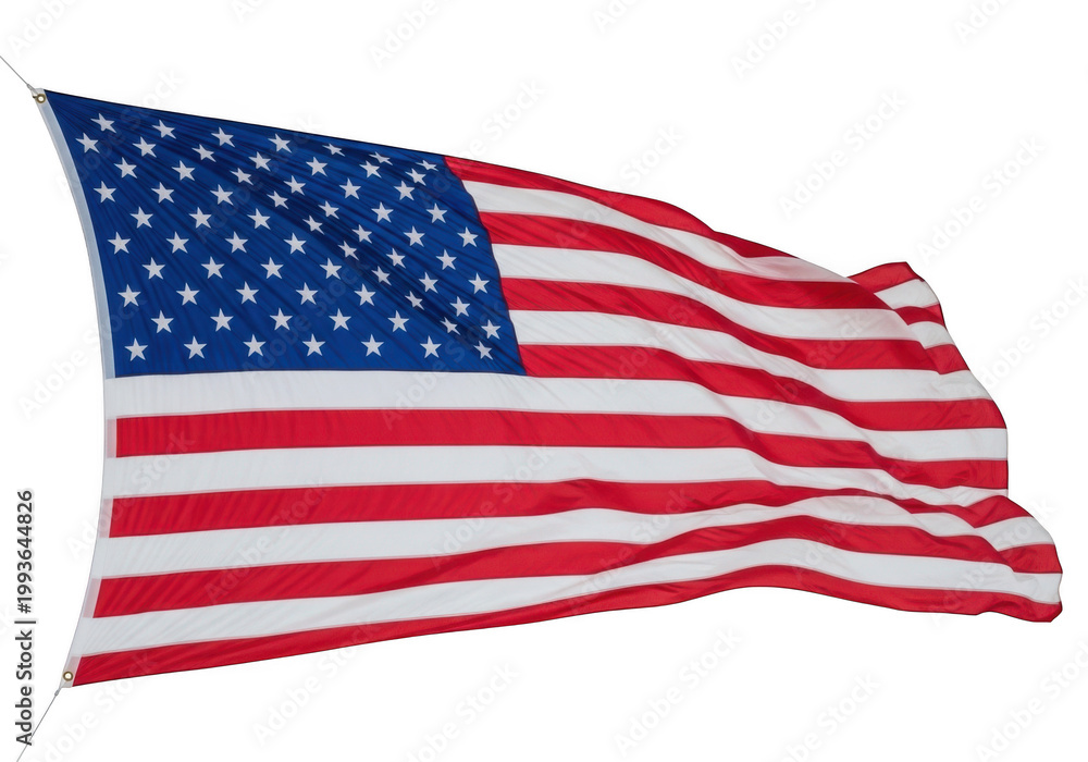 Fototapeta premium Vibrant American flag waving gracefully, isolated on transparent background