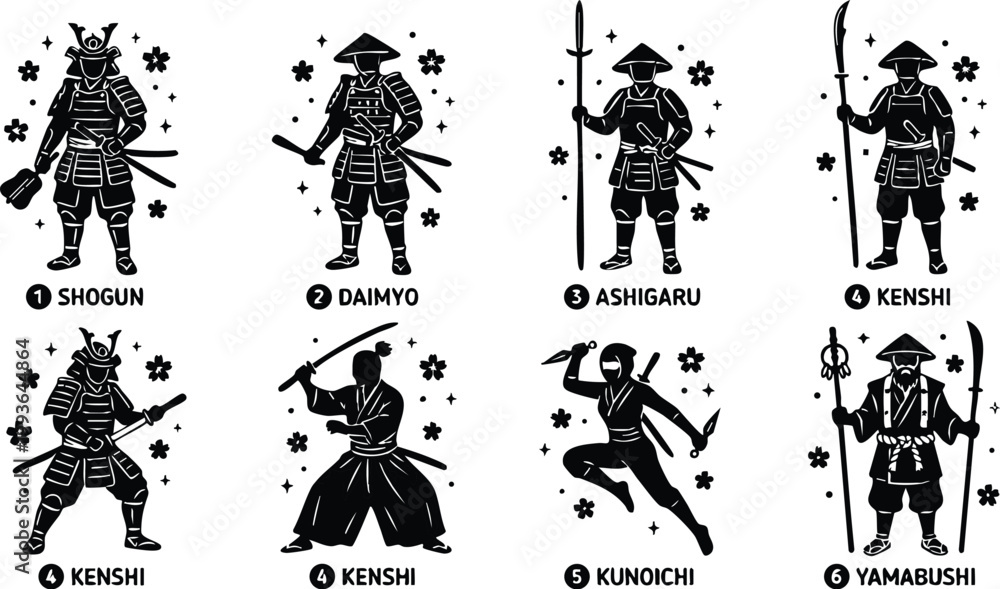 Obraz premium Black and white samurai warrior and ninja character set with weapons and armor