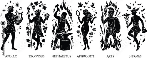 Black and white silhouette vector art of six greek gods and goddesses with names