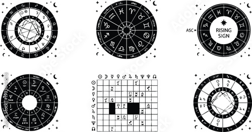 Black and white zodiac wheel rising sign astrology chart set vector art