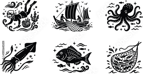 Black and white fisherman boat with fish net and marine life vector art