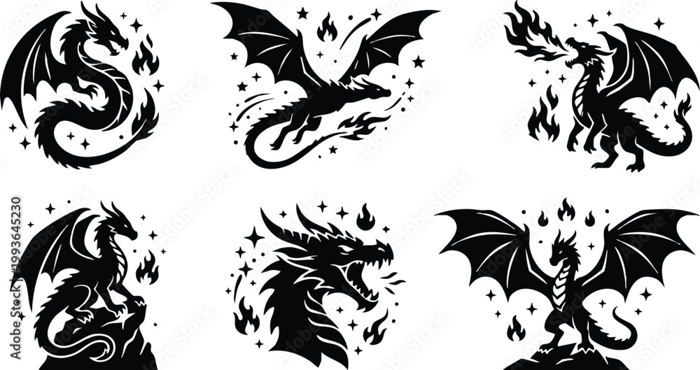 Fototapeta premium Black silhouette fire breathing dragons with stars and flames vector art set
