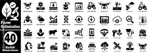 Farm optimization solid icon set. Smart agriculture encompasses drones, sensors, machinery data analysis, and cutting-edge farming solutions.
