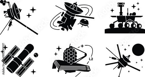 Black and white silhouette space probes satellite and rover vector art collection