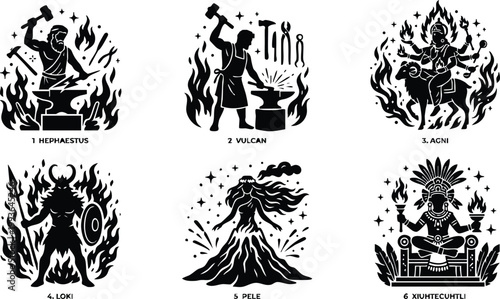 Black and white silhouette icons of fire gods hephaestus vulcan agni loki pele and xiuhtecuhtli