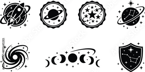 Black and white cosmic space icons with planets stars and moon phases