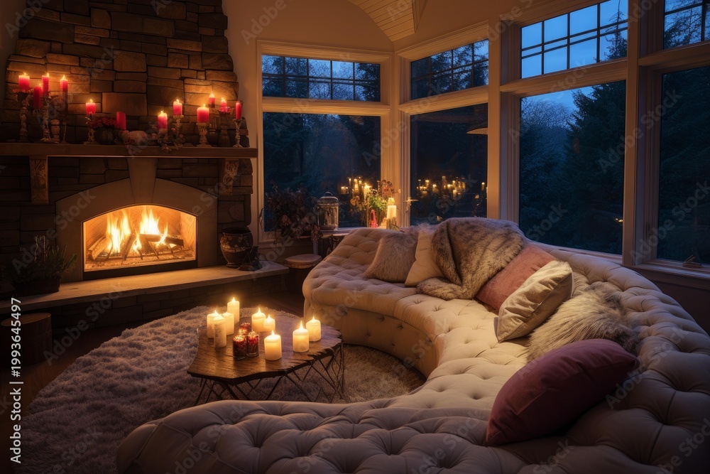 Obraz premium Living room with lit fireplace, candles, and comfortable sofa creating a warm, inviting ambiance