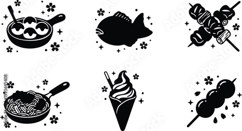 Japanese food icons with takoyaki and ice cream cone