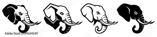 Set of elephant head mascot logos, powerful trunk and tusks vector illustration