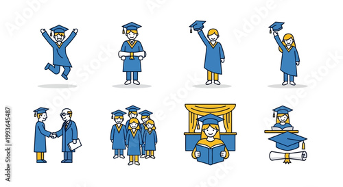 Foto Graduates in blue academic regalia celebrating.