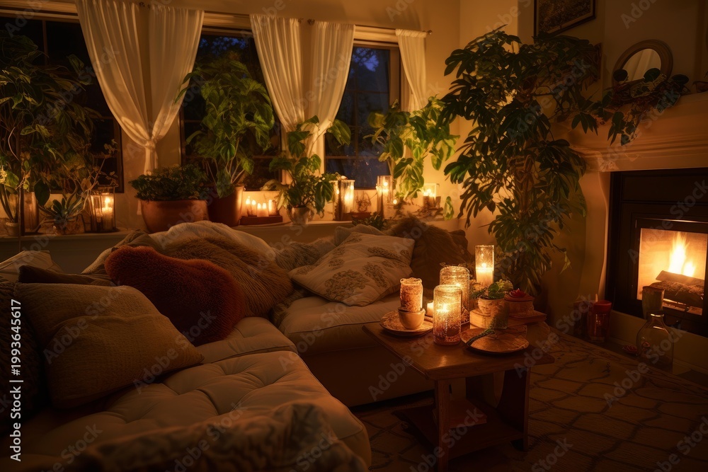 Obraz premium Cozy living room interior with burning fireplace, glowing candles, soft pillows, and indoor plants