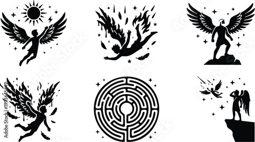 Black and white fallen angel and winged figure silhouettes with stars and sun vector art