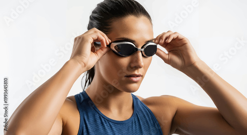 Woman in blue tank top putting on sunglasses