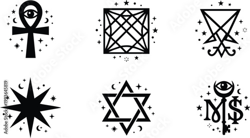 Black mystical symbols collection with stars moons and eye motifs vector art