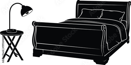 A black silhouette of a bed lamp and table in a bedroom silhouette