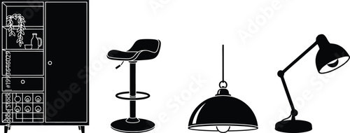 Furniture arrangement including a cabinet stool lamp and pendant silhouette