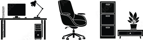 Black silhouettes of office furniture including a desk chair and filing cabinet