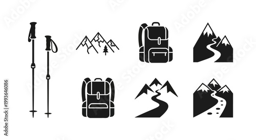 Hiking and Trekking Vector Icons Set: Mountains, Backpacks, Trekking Poles for Outdoor Adventure Design