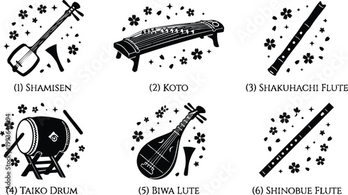 Six traditional japanese musical instruments with floral accents