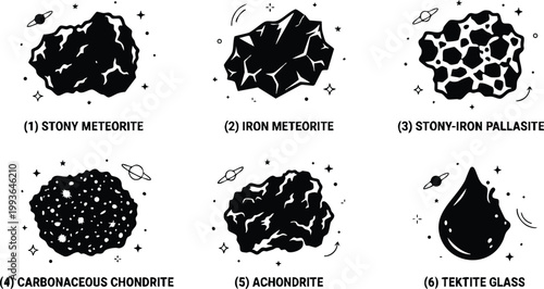 Black and white scientific meteorite types with planets and stars icons