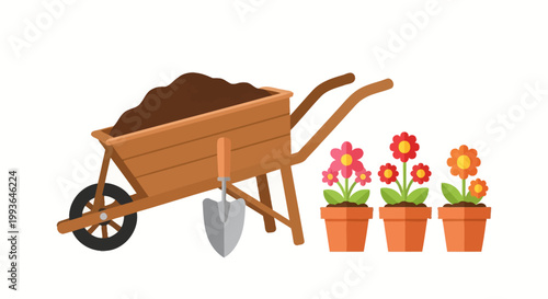 Wheelbarrow, Trowel, and Flowers in Pots - A Gardening Setup