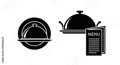 Modern Black Vector Icons for Restaurant and Catering Services: Food Cloche, Serving Tray, and Menu Design Elements