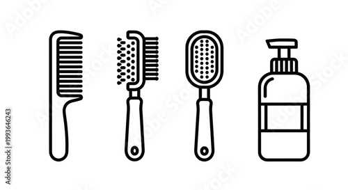 Pet Grooming Tools Outline Icons Set. Comb, slicker brush, paddle brush, and shampoo bottle vector illustration for animal care.