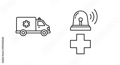 Ambulance and Emergency Medical Services Line Art Icons. Vector illustration of siren light and first aid cross symbol.