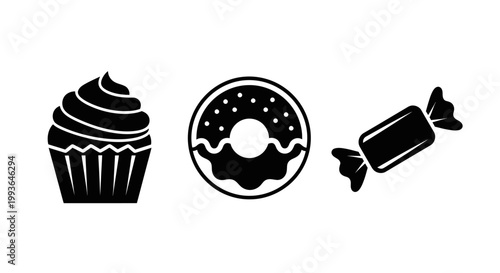 Collection of sweet dessert graphic icons including cupcake, donut, and wrapped candy in a minimalist silhouette style.