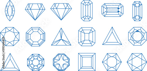 Diamond vector icon set showing various crystal shapes and gemstone cuts for jewelry design project graphics