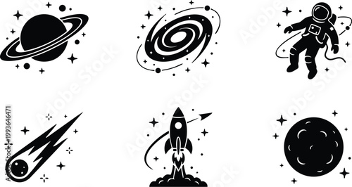 Black and white space icons planet rocket astronaut comet and galaxy set