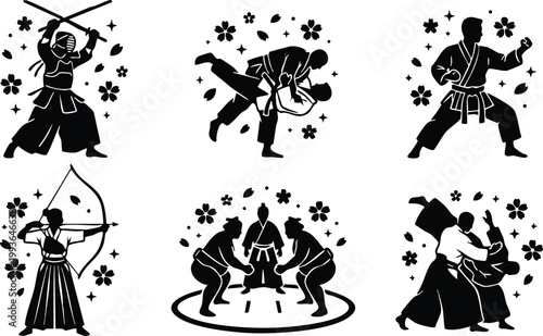 Kendo judo karate archery sumo and aikido martial arts silhouettes