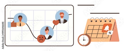 Business strategizing, performance tracking, time management, team collaboration, productivity planning, goal setting. Chart showing progress with peoples avatars and a calendar. Business